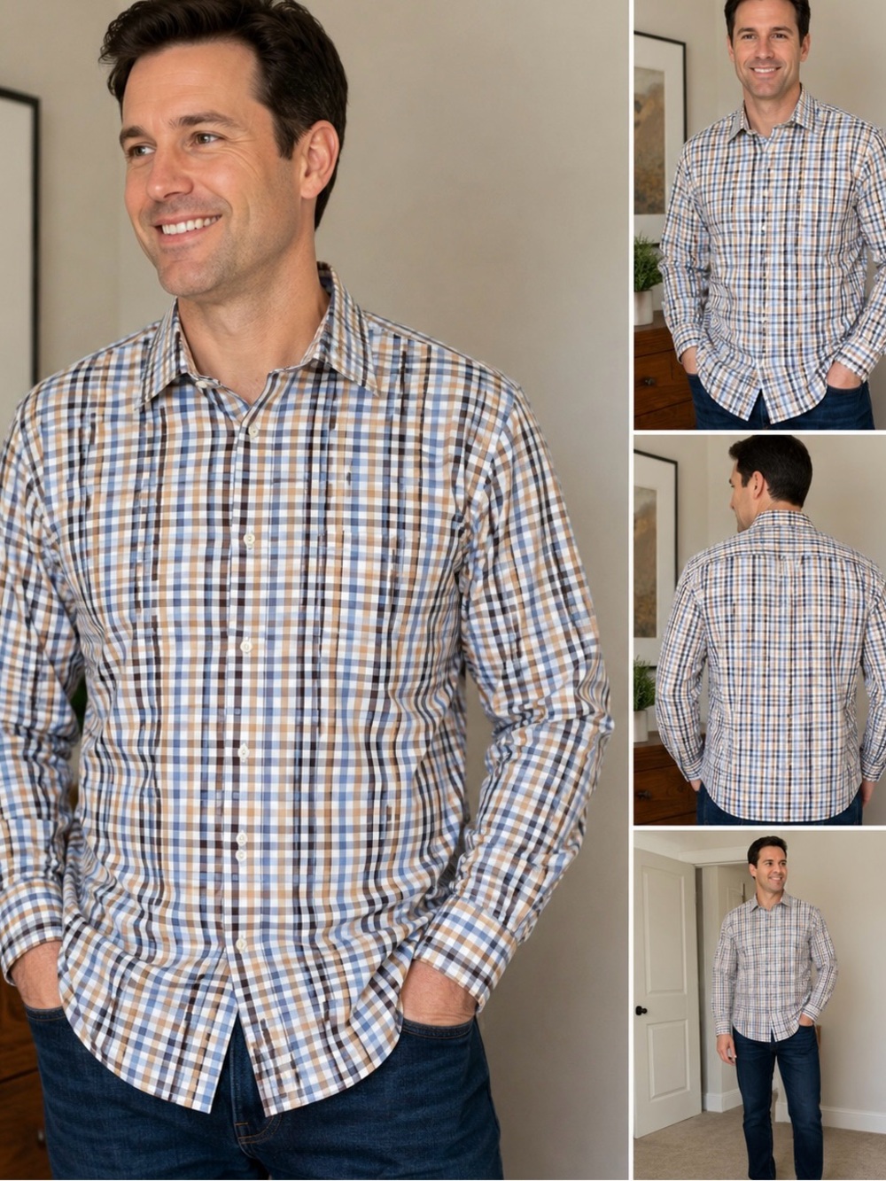 Nordstrom Men’s Shop Wrinkle-Free Plaid Dress Shirt 18.5/35 Blue Beige Cotton